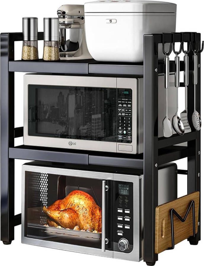 Uitbreidbaar magnetronrek 3-traps werkblad bakkersrekken met 5 haken keukenrek kruidenrek magnetronrek organizer voor keuken uittrekbaar van 40-64 cm zwart