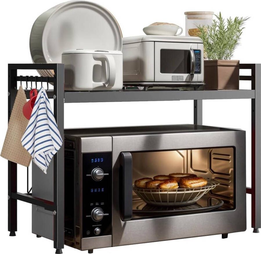 Uitbreidbaar magnetronrek magnetronhouder met 6 hangende haken magnetronstandaard om op te hangen organizer bakkersrekken magnetronrek standaard zwart voor keuken