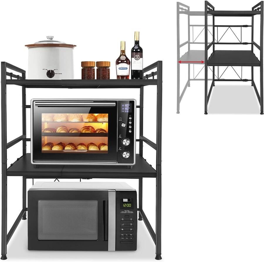 Uitbreidbaar Magnetronrek met Haken en 3-traps Opbergoplossing voor Keuken