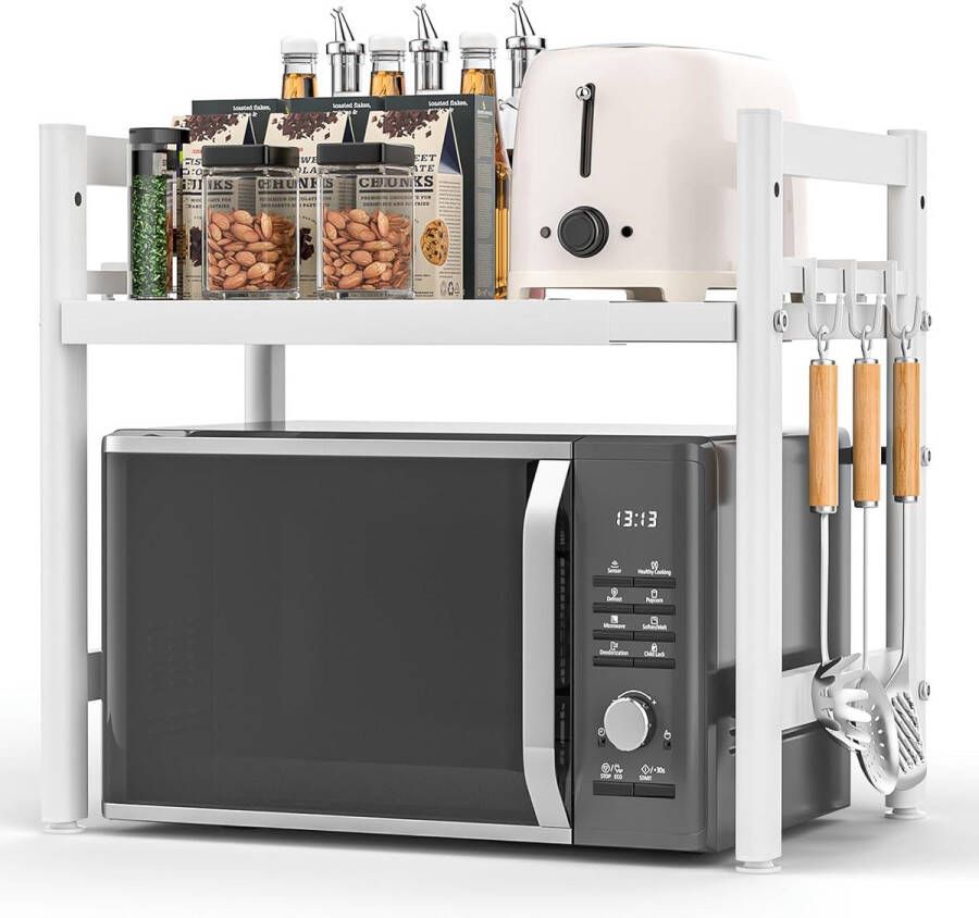 Uitbreidbaar magnetronrek staand magnetronrek voor keuken organizer magnetronstandaard keukenrek werkblad bakkersrek magnetronhouder met 6 haken wit