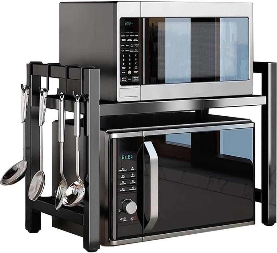Uitbreidbaar magnetronrek uittrekbaar staand magnetronrek voor keuken organizer magnetronstandaard keukenrek werkblad bakkersrek met 4 haken (zwart)