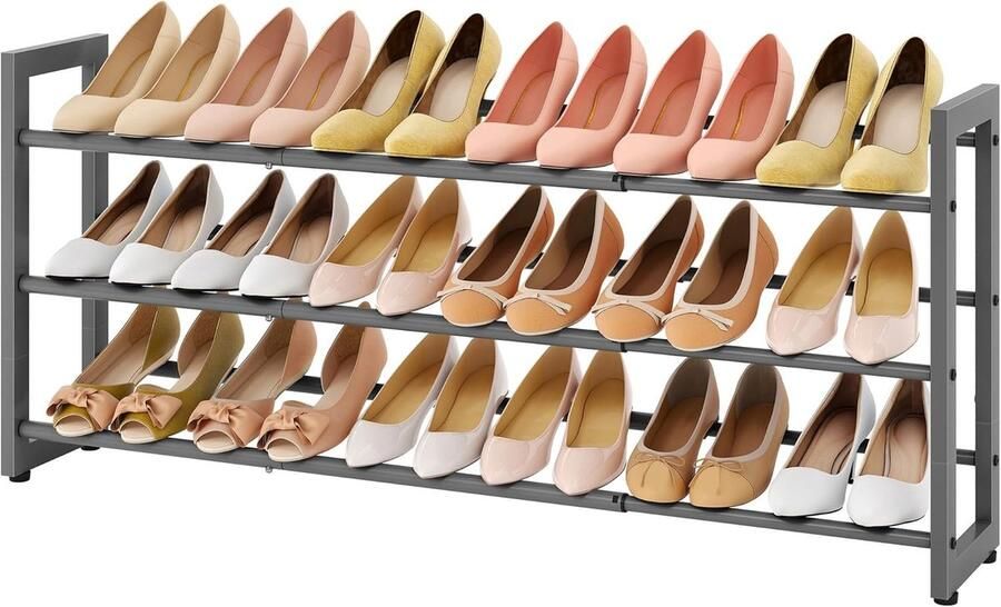 “Uitbreidbaar Schoenenrek – 3-Laags Verstelbare Schoenenorganizer van Metaal Vrijstaand Grijs”