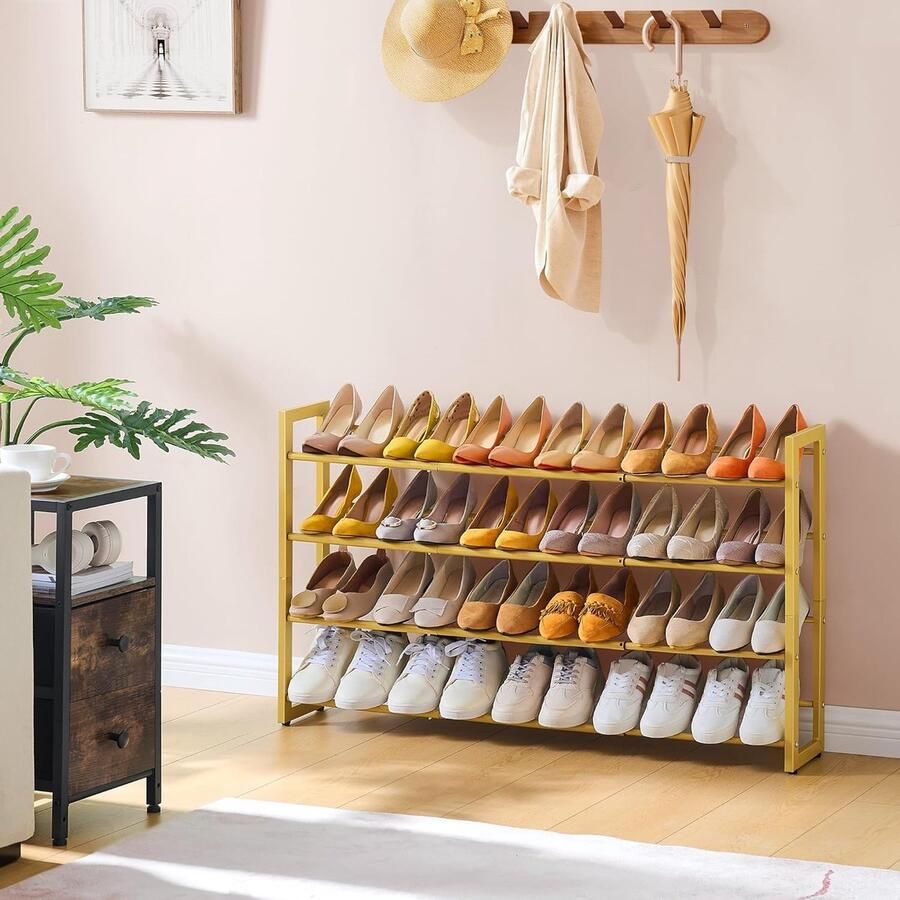 “Uitbreidbaar Schoenenrek – 4-Laags Verstelbare Schoenenorganizer van Metaal Vrijstaand Goud”