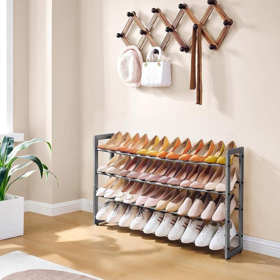 “Uitbreidbaar Schoenenrek – 4-Laags Verstelbare Schoenenorganizer van Metaal Vrijstaand Grijs”