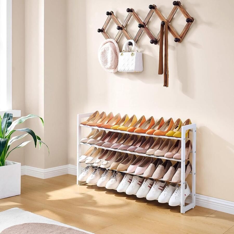 “Uitbreidbaar Schoenenrek – 4-Laags Verstelbare Schoenenorganizer van Metaal Vrijstaand Wit”