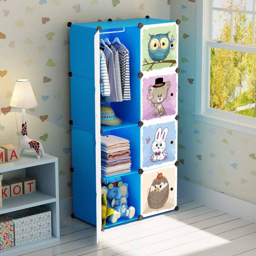 Uitbreidbare kinderplank kindergarderobe gelaagde plank boekenkast met deuren diepere vakken dan normaal (45 cm versus 35 cm) voor meer ruimte 75 x 47 x 147 cm blauw