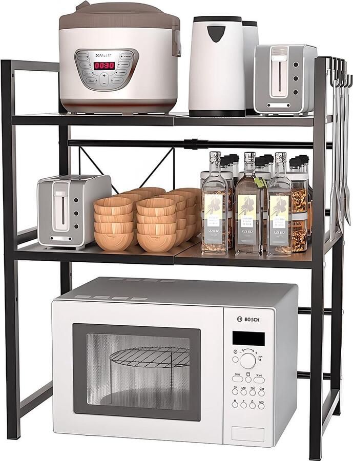 Uitbreidbare magnetronstandaard organizer met 6 hangende zijhaken opslag voor werkblad keuken (3 etages)