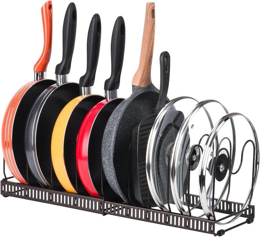 Uitbreidbare Pannen Organisator Rek met 10 Verstelbare Compartimenten voor Voorraadkast Bruin