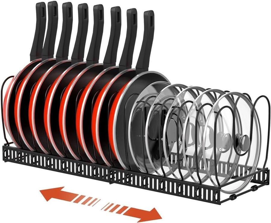 Uitbreidbare pannendekselhouder met 14 verstelbare verdelers Opbergrek voor keukenkast (Zwart)