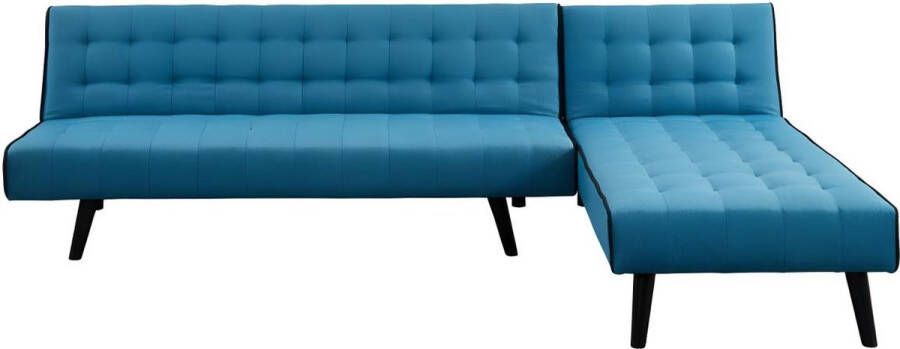 Uitklapbare bedbank BAYOU van stof Blauw en zwarte paspel L 178 cm x H 74 cm x D 164 cm