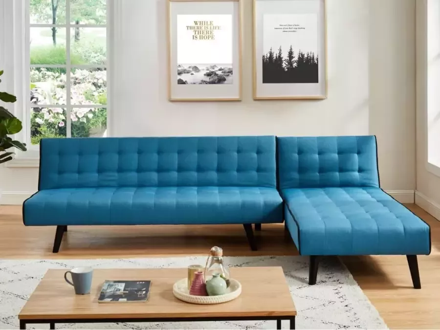 Uitklapbare bedbank BAYOU van stof Blauw en zwarte paspel L 178 cm x H 74 cm x D 164 cm