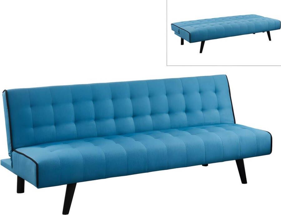 Uitklapbare driezits-bedbank BAYOU van stof Blauw en zwarte paspel L 178 cm x H 74 cm x D 78 cm