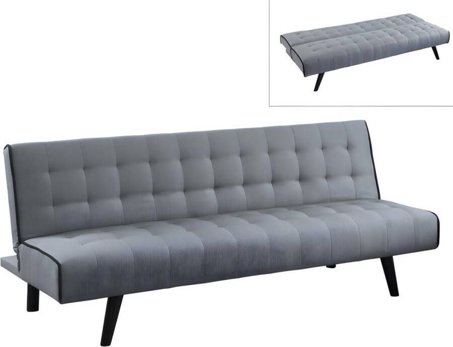 Uitklapbare driezits-bedbank BAYOU van stof Grijs en zwarte paspel L 178 cm x H 74 cm x D 78 cm