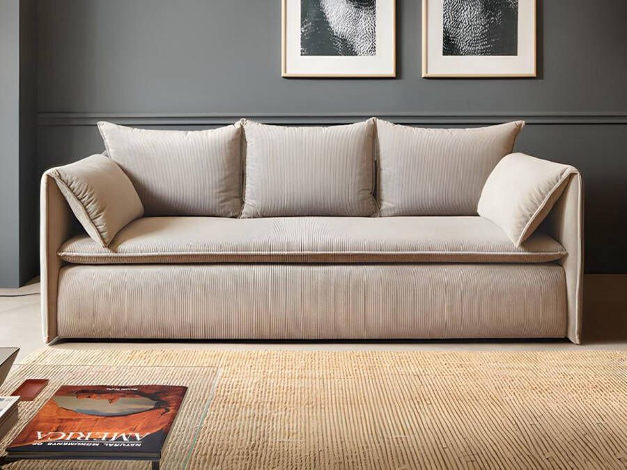 Vente-unique Uitklapbare driezitsbank van beige ribfluweel TEODORA van PASCAL MORABITO L 218 cm x H 89 cm x D 105 cm - Foto 1