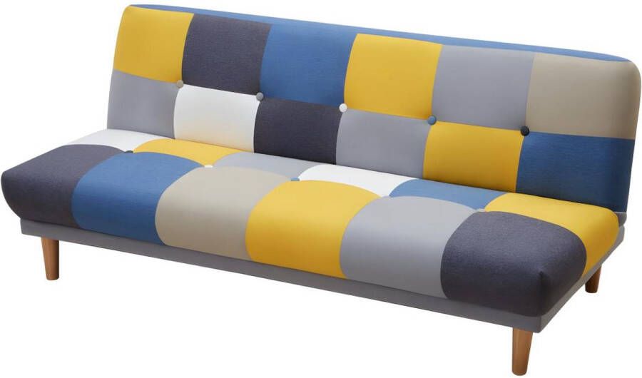 Vente-unique Uitklapbare driezitsbank van stof MARDAG Grijs blauw en geel patchwork L 178 cm x H 74 cm x D 98 cm - Foto 2