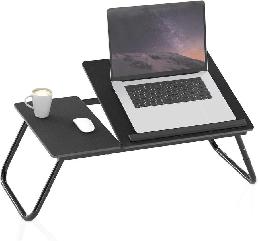 Uitklapbare laptoptafel in zwart met afmetingen 60 x 40 x 28 cm Leestafel ontbijtblad boekenblad voor bed woonkamer thuis kantoor en onderweg