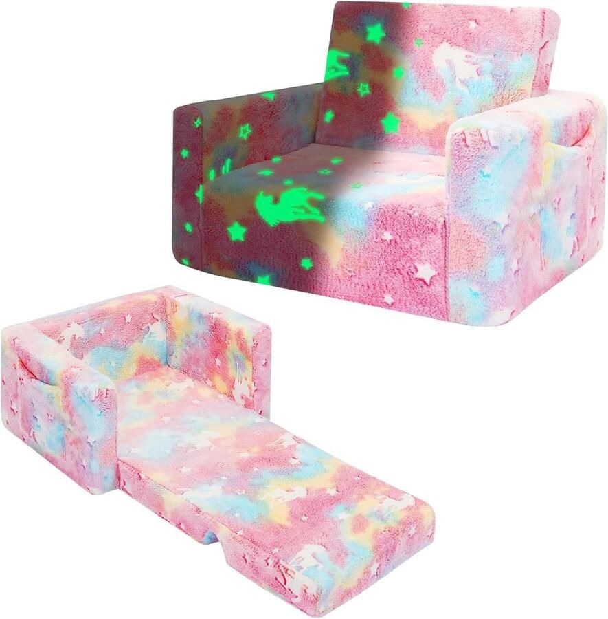Uitklapbare peuterbank converteerbare kinderbankstoel uittrekbare kinderbank glow in the dark ligstoel roze eenhoorn jongens en meisjes geschenken