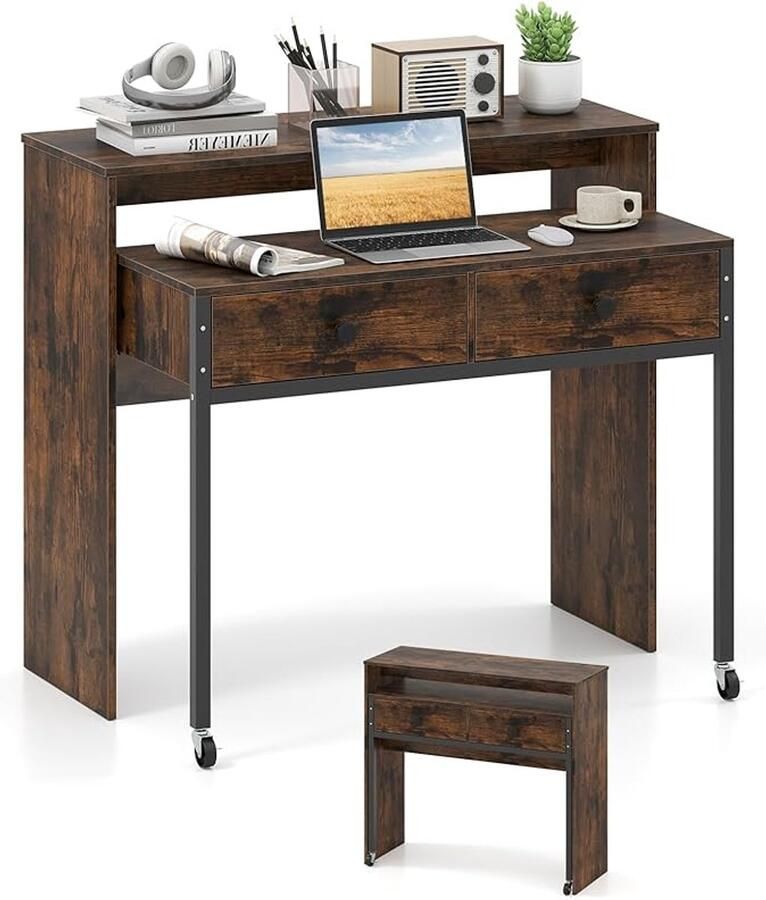 Uitschuifbaar Bureau met 2 Laden en Wieltjes Natuurkleurige Computertafel met Metalen Frame 100 x 63 x 88 cm