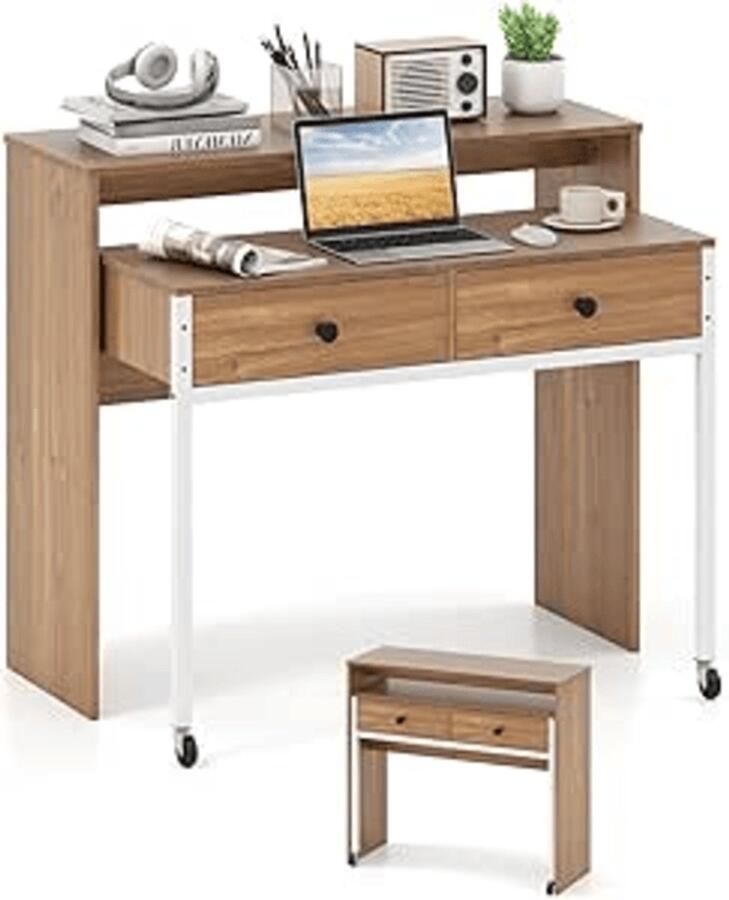 Uitschuifbaar Bureau met 2 Laden en Wieltjes Natuurkleurige Computertafel met Metalen Frame 100 x 63 x 88 cm
