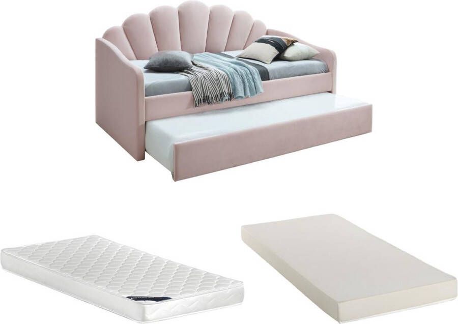 Uitschuifbaar schelpvormig bed 2 x 90 x 190 cm Velours Roze + matras ELUSIA L 204 cm x H 116.5 cm x D 100 cm