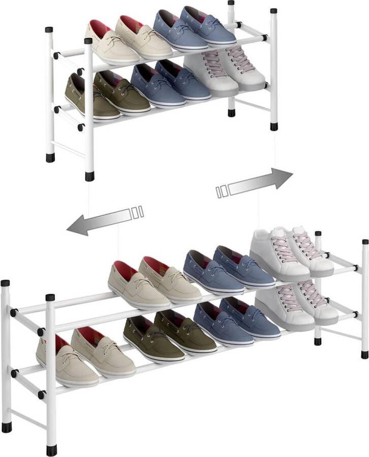 Uitschuifbaar schoenenrek met 2 lagen voor het opbergen van maximaal 12 paar schoenen verstelbaar stapelbaar schoenenrek opbergruimte voor gang 62 ~ 114 x 22 x 35 cm (wit 2 planken)