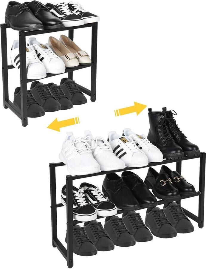 Uitschuifbaar schoenenrek met 2 niveaus Metalen schoenenorganizer voor kast en hal 70 x 20 x 37 cm