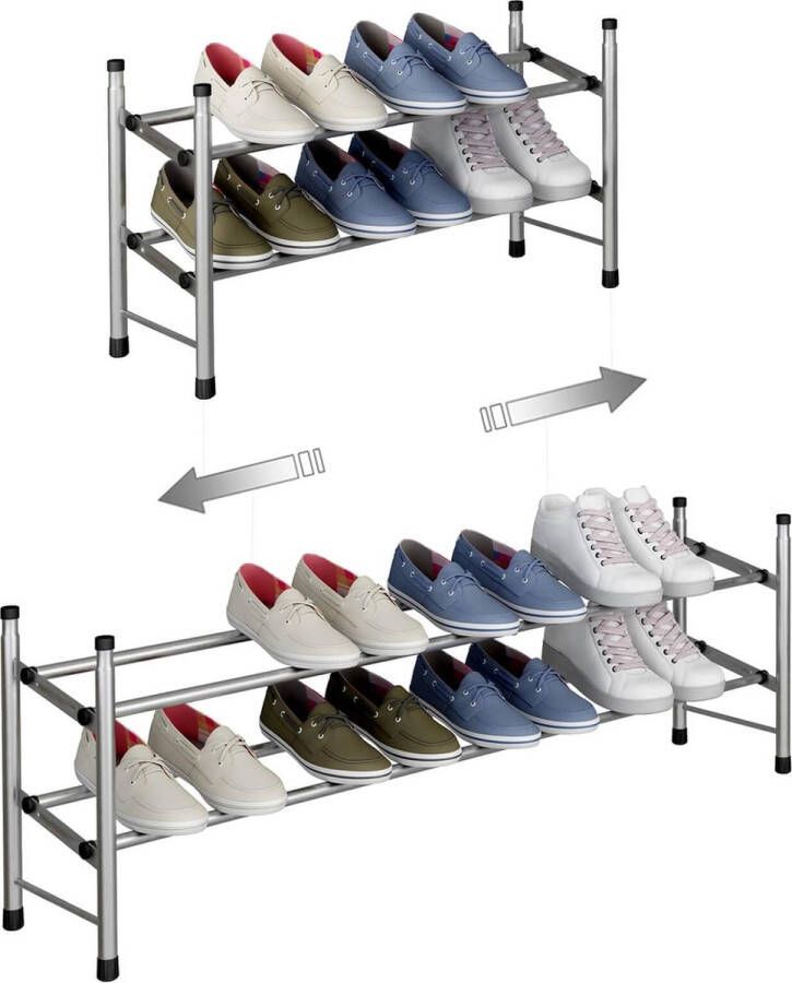 Uitschuifbaar schoenenrek met 2 niveaus voor het opbergen van maximaal 12 paar schoenen verstelbaar stapelbaar schoenenrek opbergruimte voor gang 62~114 x 22 x 35 cm