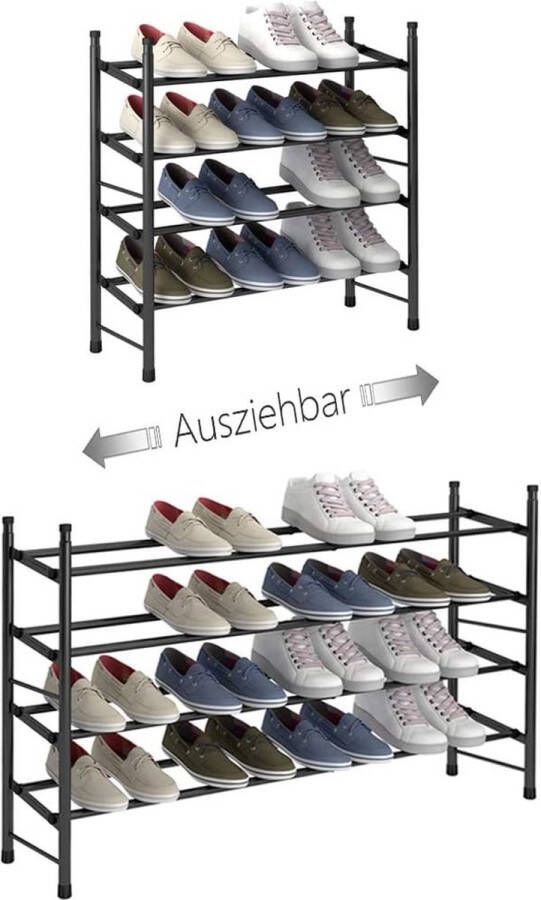 Uitschuifbaar schoenenrek met 4 niveaus voor het opbergen van maximaal 24 paar schoenen verstelbaar stapelbaar schoenenrek voor de hal 62 ~ 114 x 22 x 66 cm (zwart 4 planken)