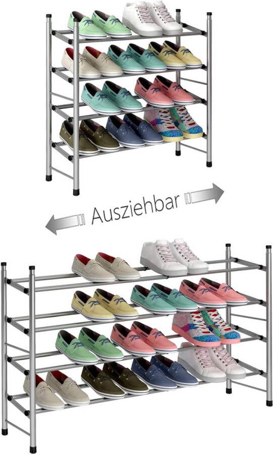 Uitschuifbaar schoenenrek met 4 niveaus voor het opbergen van maximaal 24 paar schoenen verstelbaar stapelbaar schoenenrek opbergruimte voor de hal 62 ~ 114 x 22 x 66 cm (zilvergrijs 4