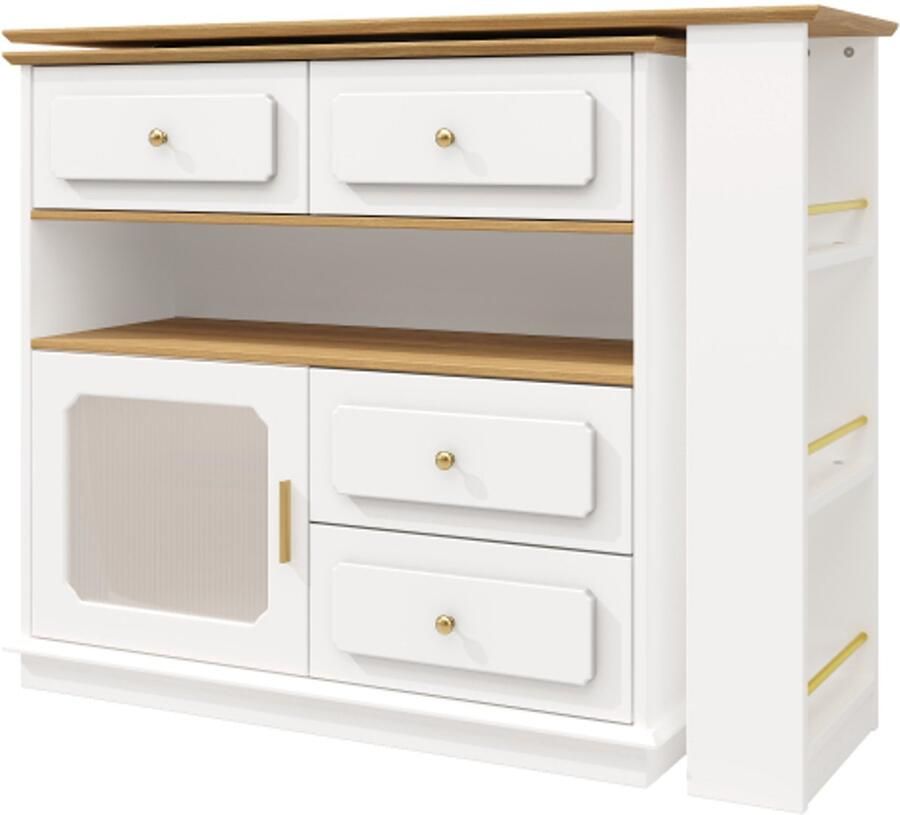 Uitschuifbare bartafel met opbergruimte (125-181×39×104 5cm) 360° draaibare eettafel moderne verrijdbare bartafel hoge tafel keukeneiland bistrotafel dressoirkast met planken en glas wit