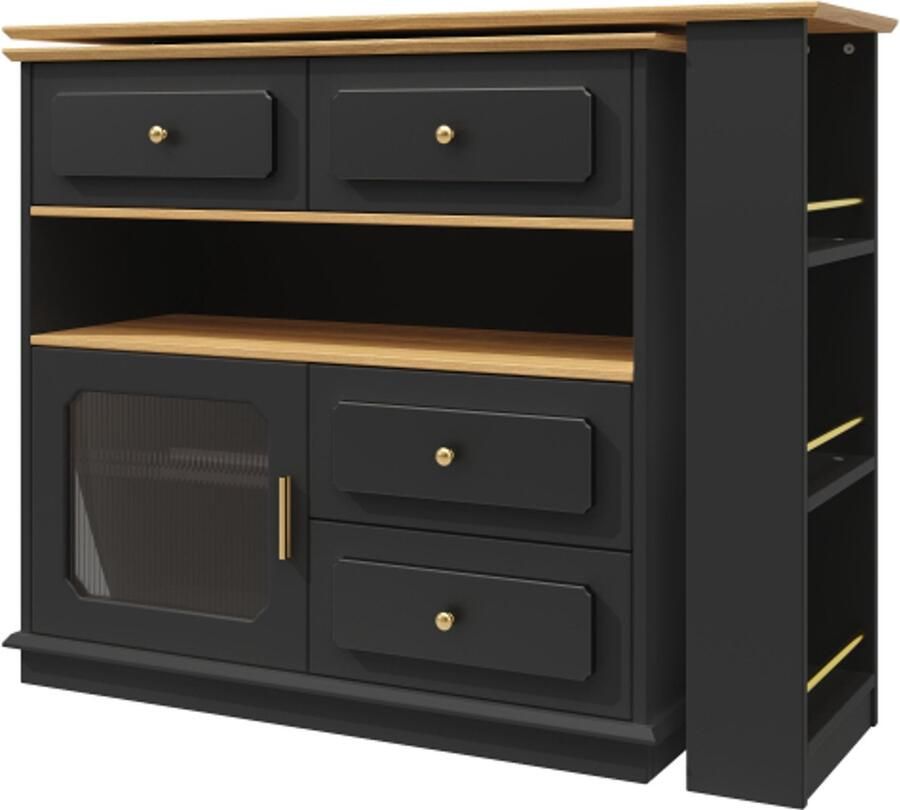 Uitschuifbare bartafel met opbergruimte (125-181×39×104 5cm) 360° draaibare eettafel moderne verrijdbare bartafel hoge tafel keukeneiland bistrotafel dressoirkast met planken en glas zwart