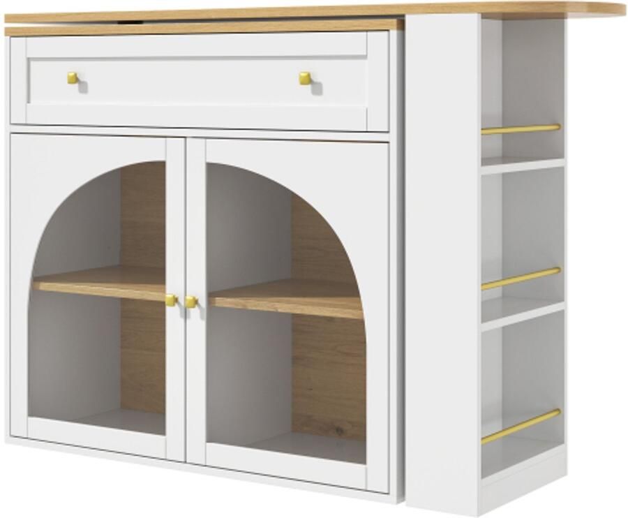 Uitschuifbare Bartafel 138x39x104cm Bartafel Wit MDF Met Opbergruimte Met Planken En Glas 360 Graden Draaibaar Modern Ontwerp Geschikt Voor Keuken Woonkamer Eetkamer Bistrotafel