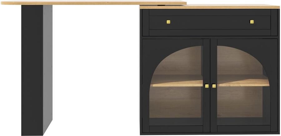 Uitschuifbare Bartafel 138x39x104cm Bartafel Zwart MDF Met Opbergruimte Met Planken En Glas 360 Graden Draaibaar Modern Ontwerp Geschikt Voor Keuken Woonkamer Eetkamer Bistrotafel