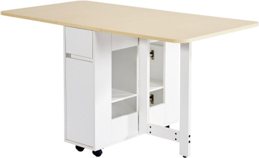 GOTAGEE Uitschuifbare bartafel met opbergruimte (110-124×78×97 5cm) voor 2-6 personen kookeiland met 2 lades 2 open zijplanken en ingebouwd stopcontact MDF tafelblad wit