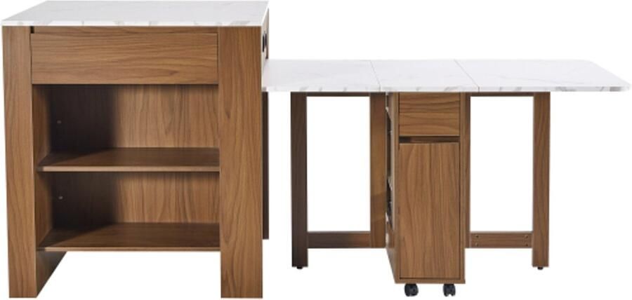 Uitbreidbare balktafel met opslagruimte (110-124 × 78 × 97 5 cm) voor 2-6 personen keukeneilanden met 2 laden 2 open planken en ingebouwde socket tafelblad gemaakt van witte gemarmerde MDF bruin
