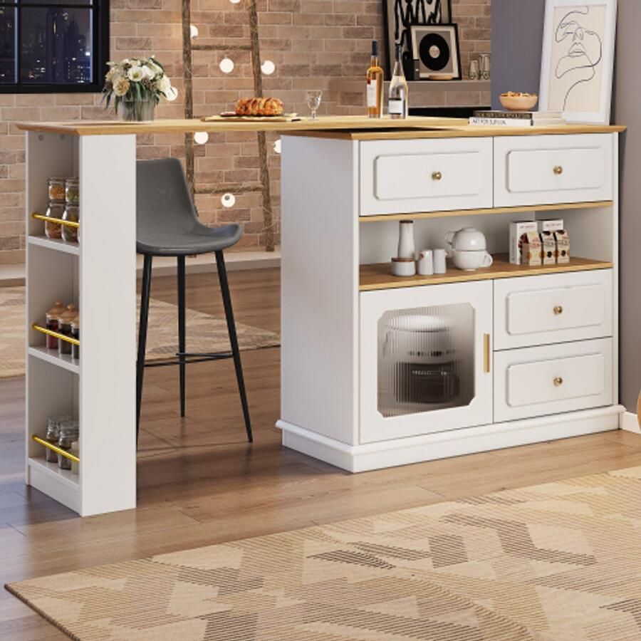 Uitschuifbare bartafel met opbergruimte (125-181 × 39 × 104 5 cm) 360° draaibare eettafel moderne verplaatsbare bartafel hoge keukeneiland bistrotafel dressoirkast met planken en glas wit