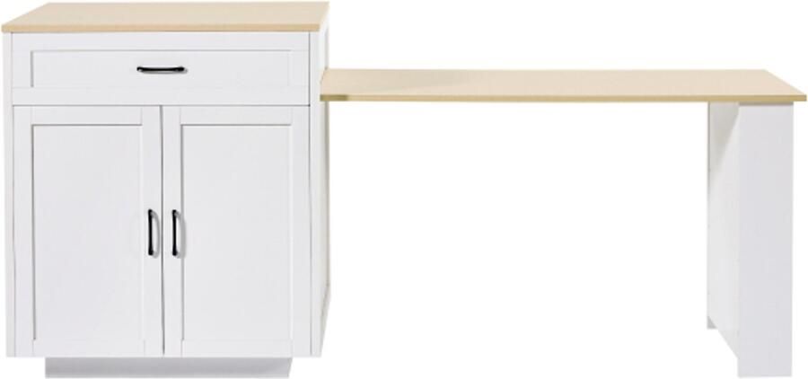 GOTAGEE Uitschuifbare bartafel met opbergruimte (133-202×70×93 5cm) met 2 lades en 2 compartimenten uitschuifbare keukentafel voor 2-6 personen keukentrolley met zijplanken wit