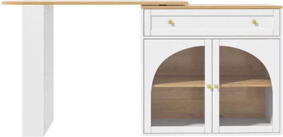 Uitschuifbare bartafel met opbergruimte (138-204×39×104cm) 360° draaibare eettafel moderne verrijdbare bartafel hoge tafel keukeneiland bistrotafel dressoirkast met planken en glas wit