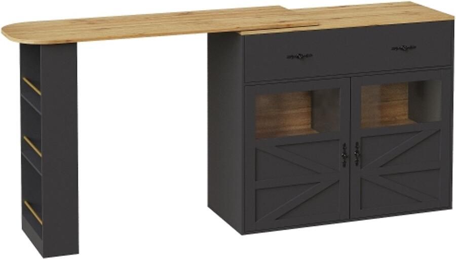 Uitschuifbare bartafel met opbergruimte (138-204×39×104cm) 360° draaibare eettafel moderne verrijdbare bartafel hoge tafel keukeneiland bistrotafel dressoirkast met planken zwart