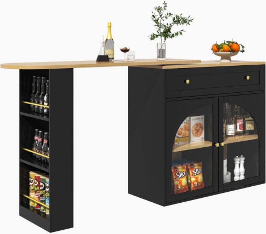 Uitschuifbare bartafel met opbergruimte (138-204×39×104cm) 360° draaibare eettafel moderne verrijdbare bartafel hoge tafel keukeneiland bistrotafel dressoirkast met planken en glas zwart