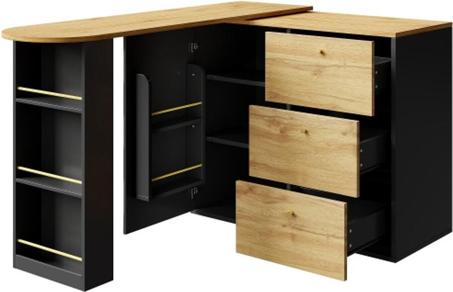 Uitschuifbare bartafel met opbergruimte (138-204×39×104cm) 360° draaibare eettafel moderne verrijdbare bartafel hoge tafel keukeneiland bistrotafel dressoir met houtnerf