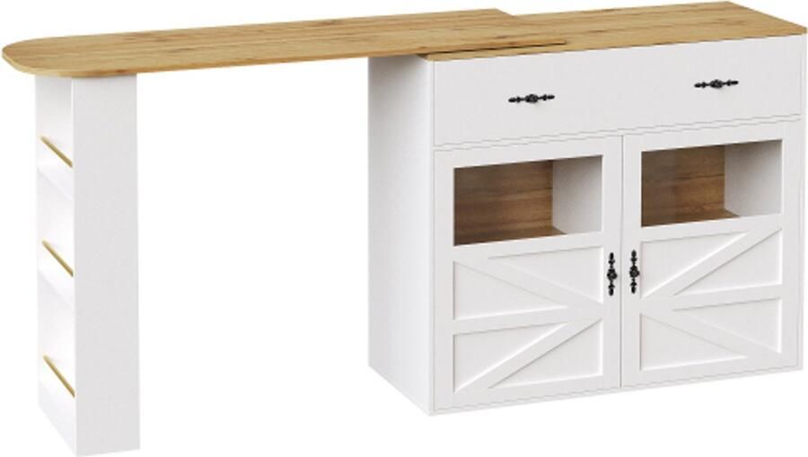 Uitschuifbare bartafel met opbergruimte (138-204×39×104cm) 360° draaibare eettafel moderne verrijdbare bartafel hoge tafel keukeneiland bistrotafel dressoirkast met planken wit