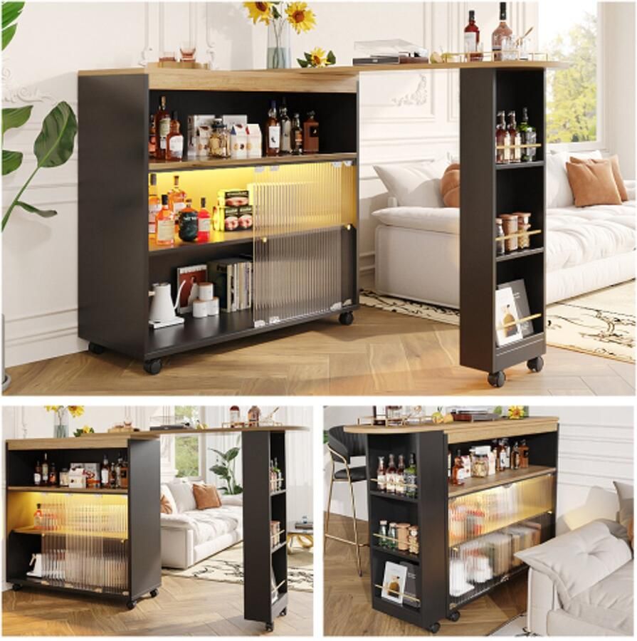 Uitschuifbare bartafel met opbergruimte moderne verplaatsbare bartafel telescopische bartafel met LED bartafel bistrotafel hoge tafel kookeiland bistrotafel grote opbergruimte (138-204×39×105cm)