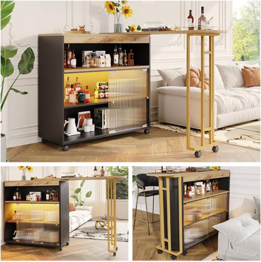 Uitschuifbare bartafel met opbergruimte moderne verplaatsbare bartafel telescopische bartafel met LED bartafel bistrotafel hoge tafel kookeiland bistrotafel zwart (138-204×39×105cm)