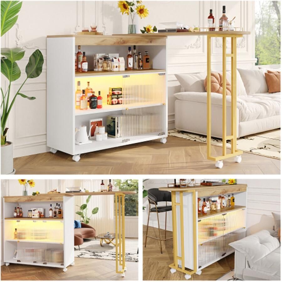 Uitschuifbare bartafel met opbergruimte moderne verplaatsbare bartafel telescopische bartafel met LED bartafel bistrotafel hoge tafel kookeiland bistrotafel wit (138-204×39×105cm)