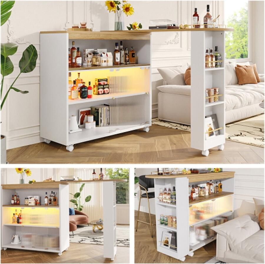 Uitschuifbare bartafel met opbergruimte moderne verplaatsbare bartafel telescopische bartafel met LED bartafel bistrotafel hoge tafel kookeiland bistrotafel grote opbergruimte (138-204×39×105cm)