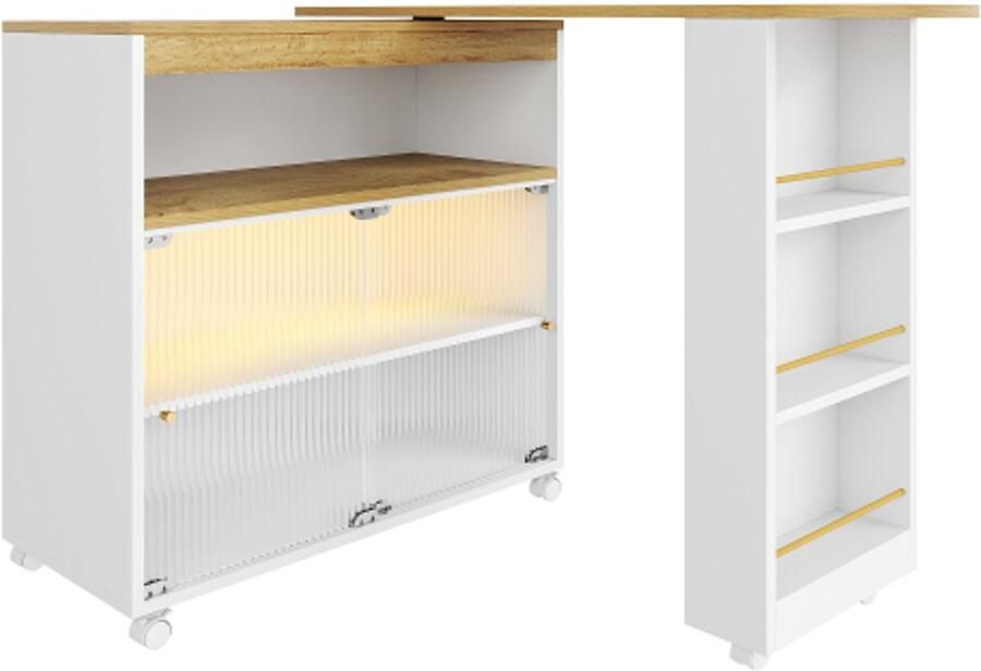 Uitschuifbare bartafel met opbergruimte moderne verrijdbare bartafel telescopische bartafel met LED bartafel bistrotafel statafel kookeiland bistrotafel grote opbergruimte wit (138-204×39×105cm)