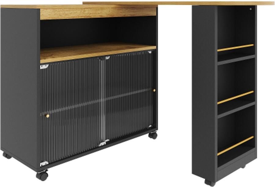 GOTAGEE Uitschuifbare bartafel met opbergruimte verplaatsbare bartafel telescopische bartafel met LED bartafel bistrotafel hoge tafel kookeiland bistrotafel zwart (138-204×39×105cm)