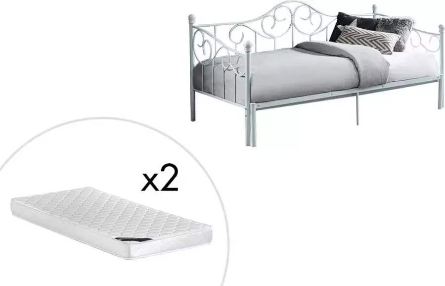 Uitschuifbare bedbank SEBILLE Metaal 2 x 90 x 200 cm of 180 x 200 cm Wit Optie Matras L 208.5 cm x H 99 cm x D 181 cm - Foto 2