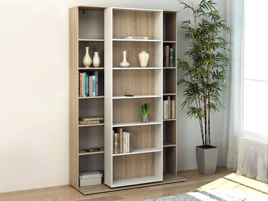 Uitschuifbare boekenkast PRALI 18 nissen Wit en eiken L 116.6 cm x H 185 cm x D 46 cm